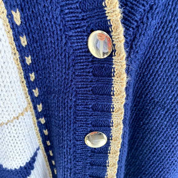 Vintage Jason Maxwell Compass Cardigan Sweater Sz M Blue Gold V-Neck Nautical - Picture 9 of 13
